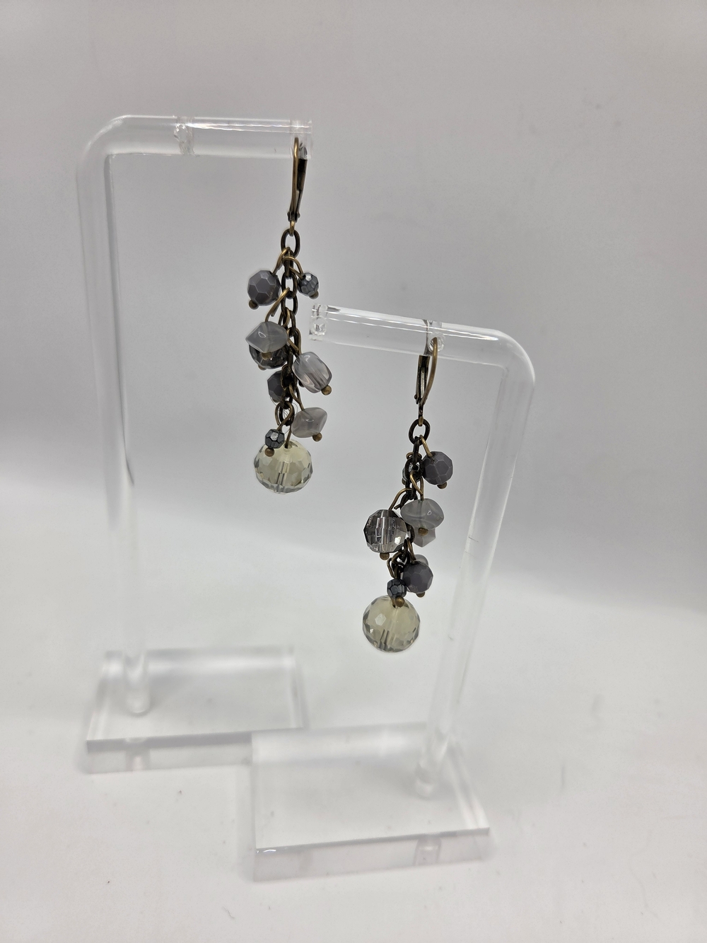 Cookie Lee Collectible Cluster Faceted Gray Bead Crystal Dangle Drop Earrings